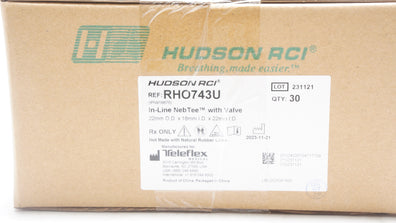 Teleflex RHO743U Hudson RCI In-Line NebTee W/Valve 22mm x 18mm x 22mm- Box of 30
